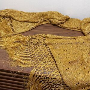 Metallic Gold Fringed Long Scarf /Wrap with open work detail.